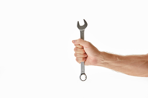 Partial view of man holding wrench isolated on white