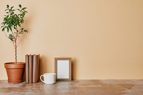 Plant| books| cup of coffee and empty photo frame on beige background