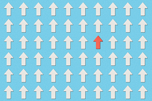 top view of rows with white pointers and red arrow on blue background