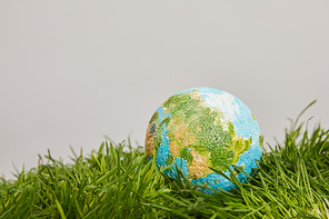 planet model placed on green grass surface| earth day concept