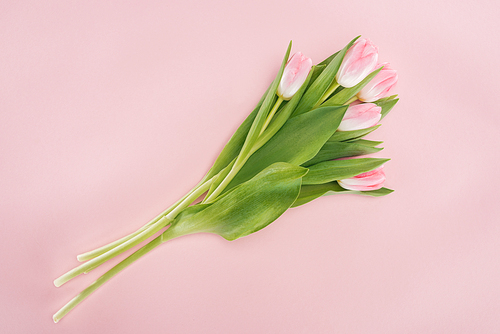 top view of bouquet with spring tulips isolated on pink