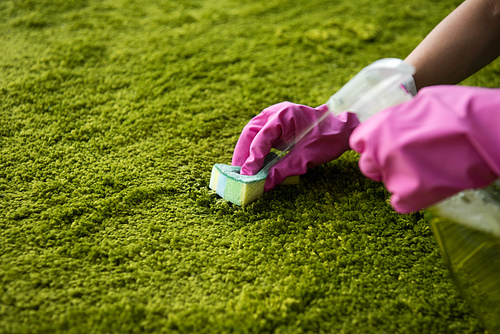 close-up partial view of person in rubber gloves cleaning carpet with rag and detergent spray