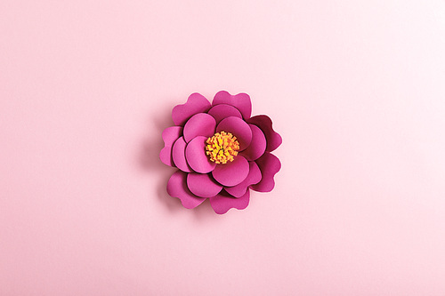 top view of paper flower on pink background