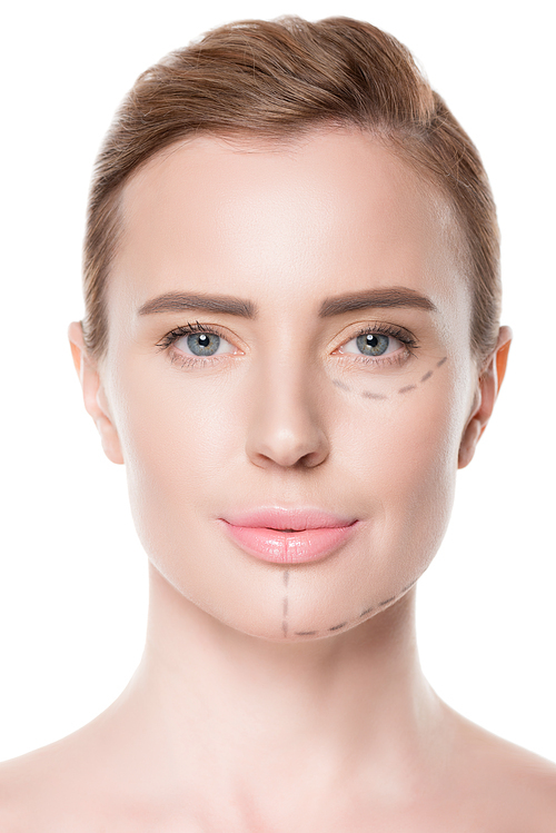 Portrait of woman with painted lines on face for plastic surgery isolateed on white