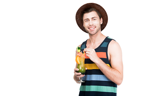 handsome man holding summer cocktail, isolated on white