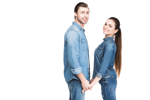 young couple holding hands and , isolated on white