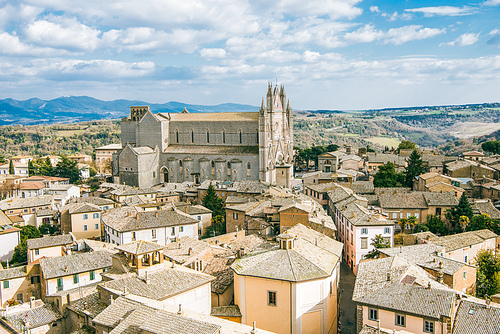 aerial view of ancient historical Orvieto Cathedral and buildings in Orvieto, Rome suburb, Italy