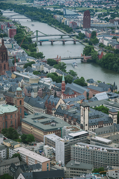 aerial view of buildings near Main river in Frankfurt, Germany
