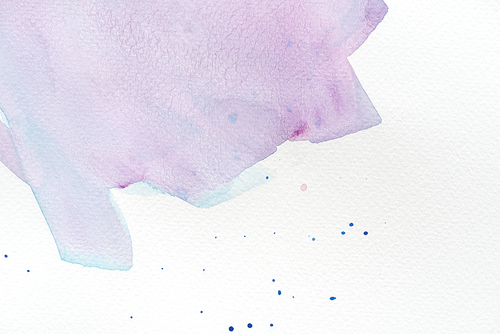 abstract violet and blue watercolor painting on white paper with splatters
