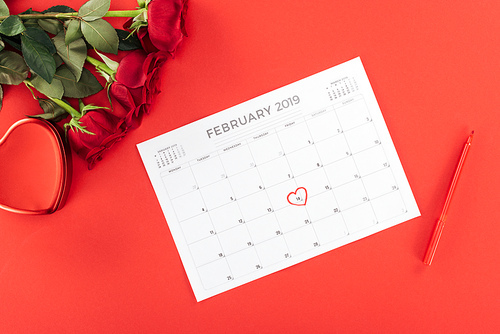 top view of roses and calendar with 14th february date marked with heart isolated on red, st valentines day concept