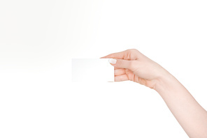 cropped view of woman holding blank card isolated on white