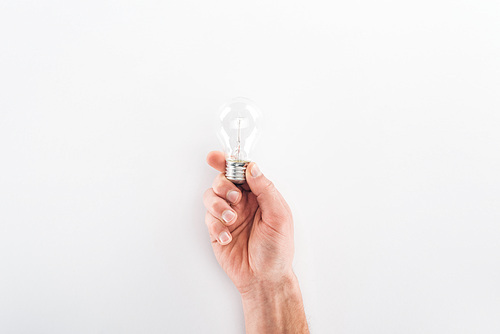 Partial view of man holding bulb on grey background