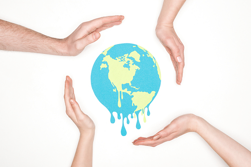 paper cut melting earth surrounded by male and female hands on white background, global warming concept