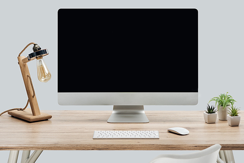 modern workplace with computer monitor with blank screen, lamp and green plants at wooden desk isolated on grey