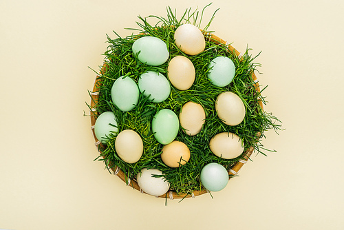 pastel easter eggs in wicker plate with grass isolated on yellow