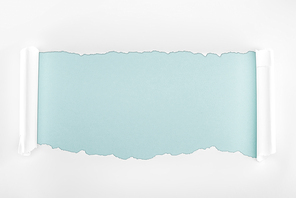 tattered white textured paper with curl edges on light blue background