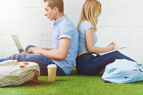 side view of young student studying together on grass while sitting back to back