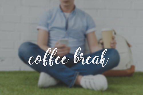cropped shot of young man sitting on grass with smartphone and coffee to go, coffee break inscription
