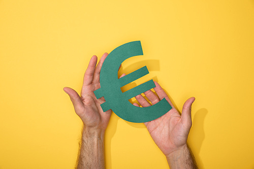 cropped view of man holding euro currency sign on yellow