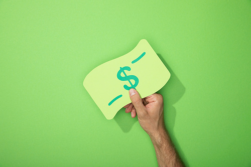 cropped view of man holding paper icon of dollar banknote on green