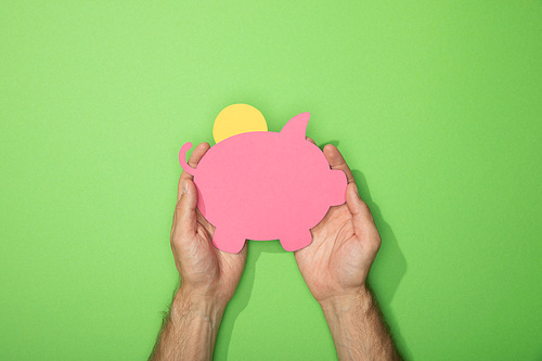 cropped view of man holding paper piggy bank with coin on green