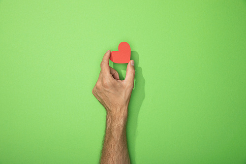 cropped view of man holding paper heart on green