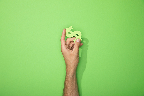 cropped view of man holding dollar currency sign on green