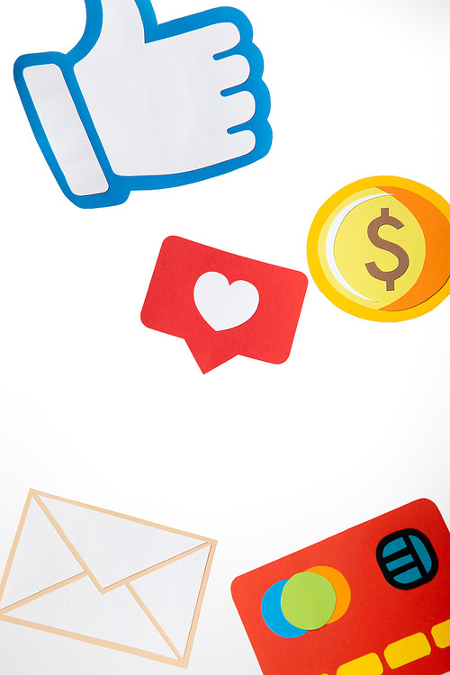 colorful paper icons with envelope, coin, credit card, hearts and thumb up on white background