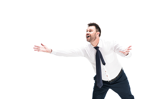 excited chubby man in formal wear with outstretched hands isolated on white with copy space