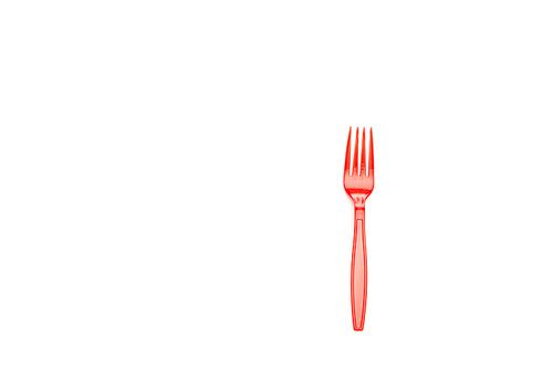 red plastic bright fork isolated on white with copy space