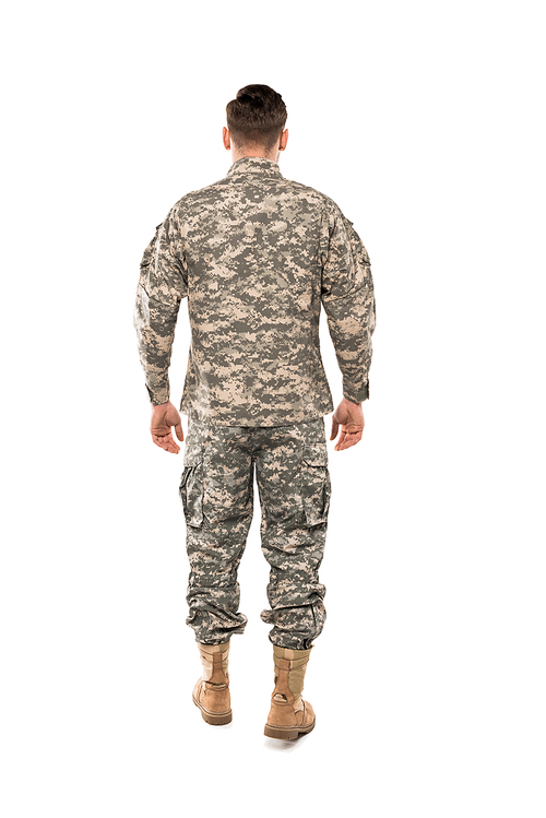 back view of soldier in uniform standing isolated on white