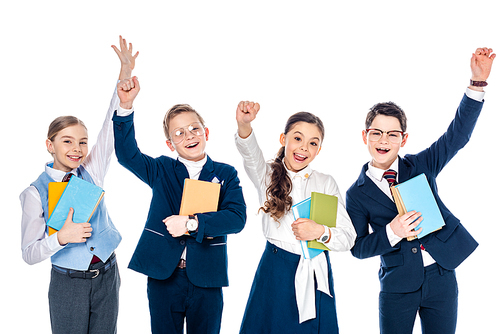 happy schoolchildren with outstretched hands holding books Isolated On White