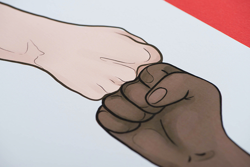picture with drawn multiethnic hands doing fist bump on red background