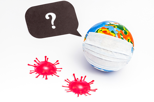 globe in medical mask near speech bubble with question mark and drawn virus on white