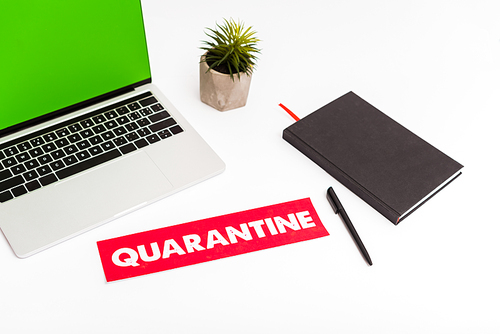 laptop with green screen near plant, notebook, pen and paper with quarantine lettering isolated on white