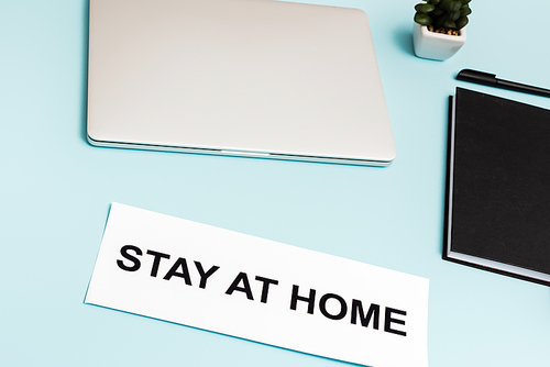 laptop, notebook, pen and plant near paper with stay at home lettering on blue