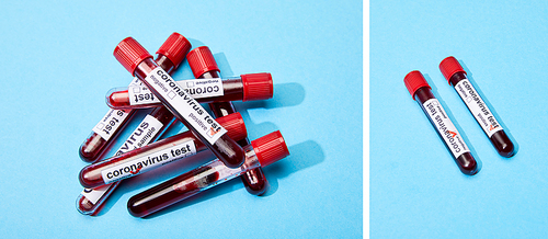 collage of test tubes with samples and coronavirus test lettering on blue