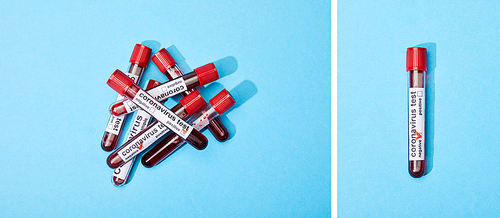 collage of test tubes with blood samples and coronavirus test lettering on blue