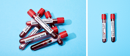 collage of test tubes with samples of blood and coronavirus test lettering on blue