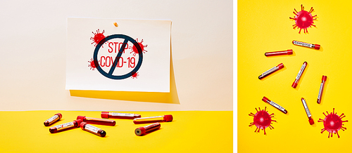 collage of paper with stop covid-19 lettering near test tubes with coronavirus test and drawn virus on yellow