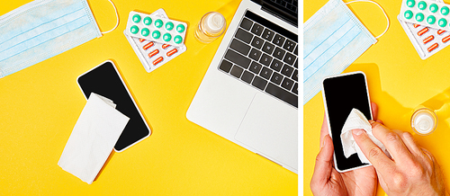 collage of man holding napkin near smartphone with blank screen, laptop, pills, hand sanitizer and medical mask on yellow