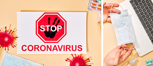 collage of man holding medical mask near laptop, paper with stop coronavirus lettering, drawn virus and pills on beige