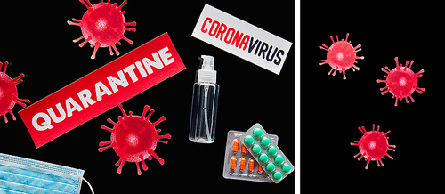 collage of papers with quarantine and coronavirus lettering near medical mask, pills, hand sanitizer and drawn virus isolated on black