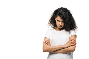 upset african american woman standing with crossed arms and  isolated on white