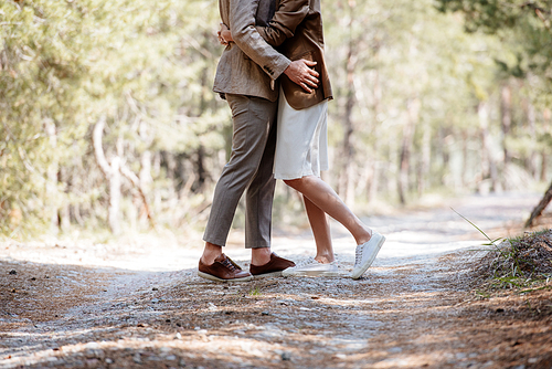 cropped view of elegant couple embracing in forest