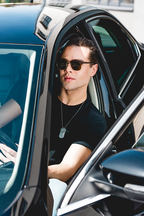 handsome stylish man in sunglasses with tag dog sitting in car