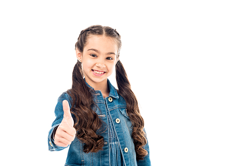 smiling curly kid in denim jacket showing thumb up isolated on white