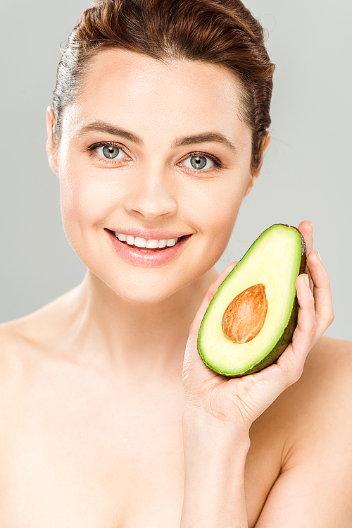유토이미지 | 상세페이지 | 베이직샵 | 21366326 | happy naked woman holding half of organic and ripe avocado isolated on grey