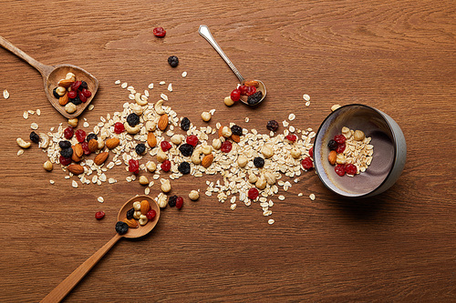 top view of oat flakes scattered with nuts and dried berries near bowl and spoons at wooden table