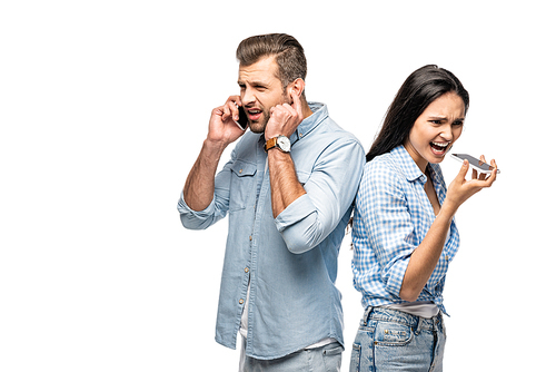 man and young woman having bad signal while talking on smartphones isolated on white